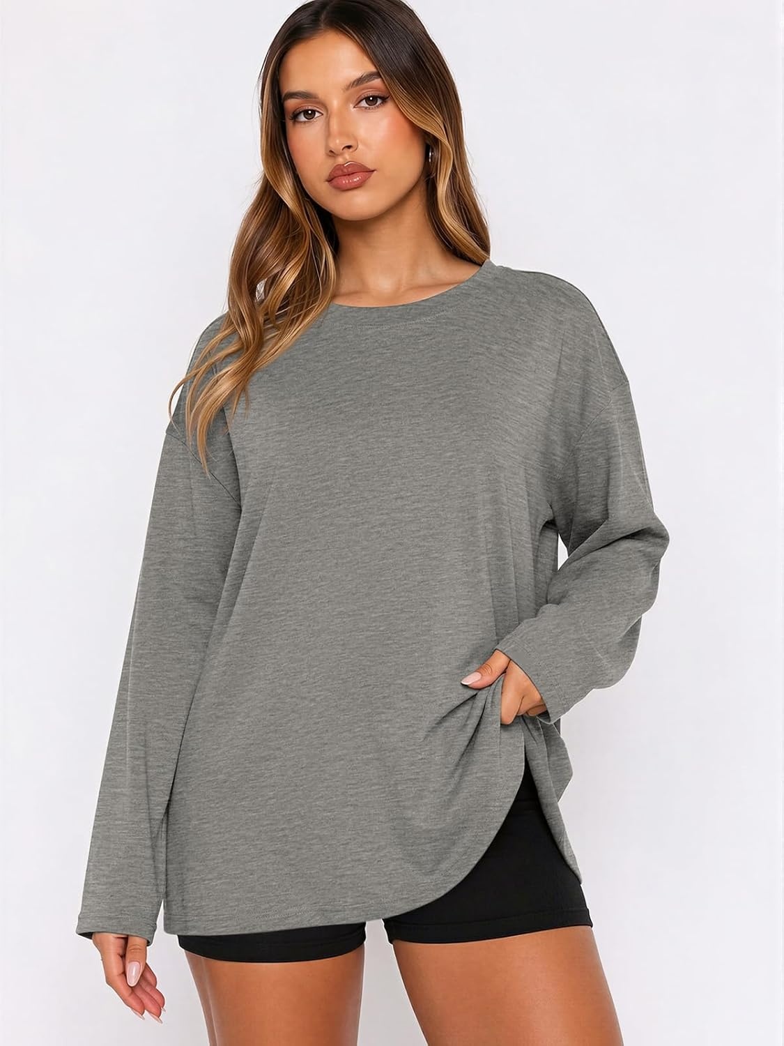 image:imageATHMILE Oversized Long Sleeve Shirts for Women Casual TeeGrey