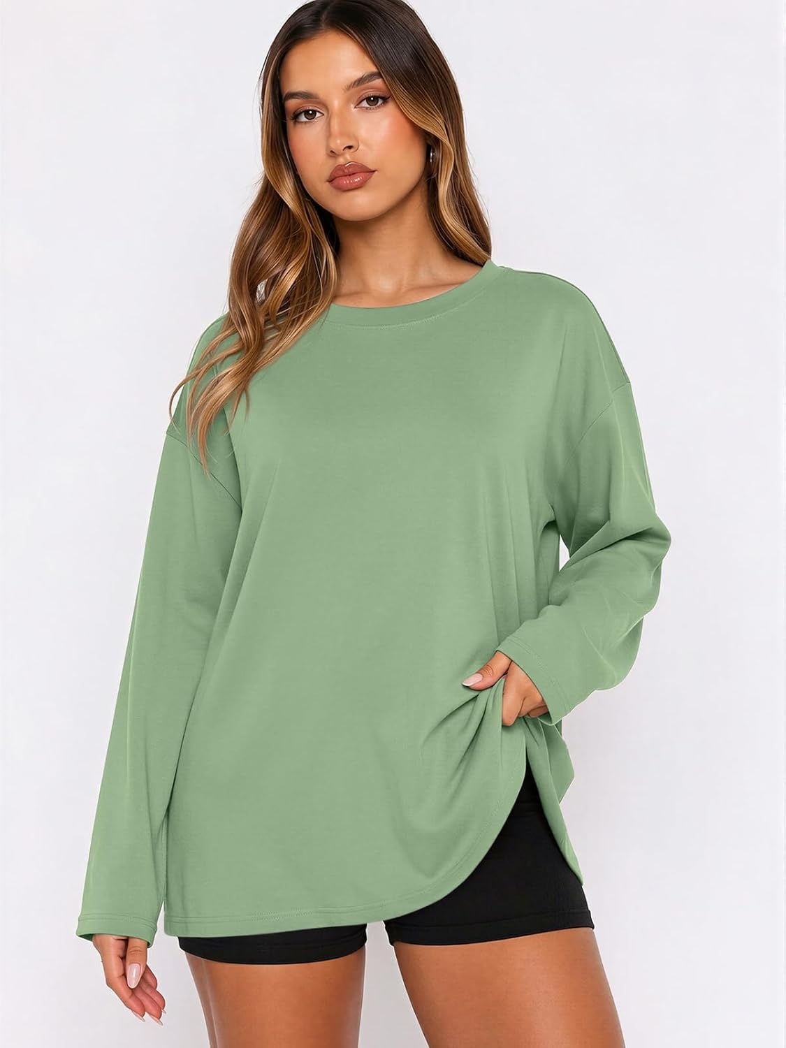 image:imageATHMILE Oversized Long Sleeve Shirts for Women Casual TeeLight Green
