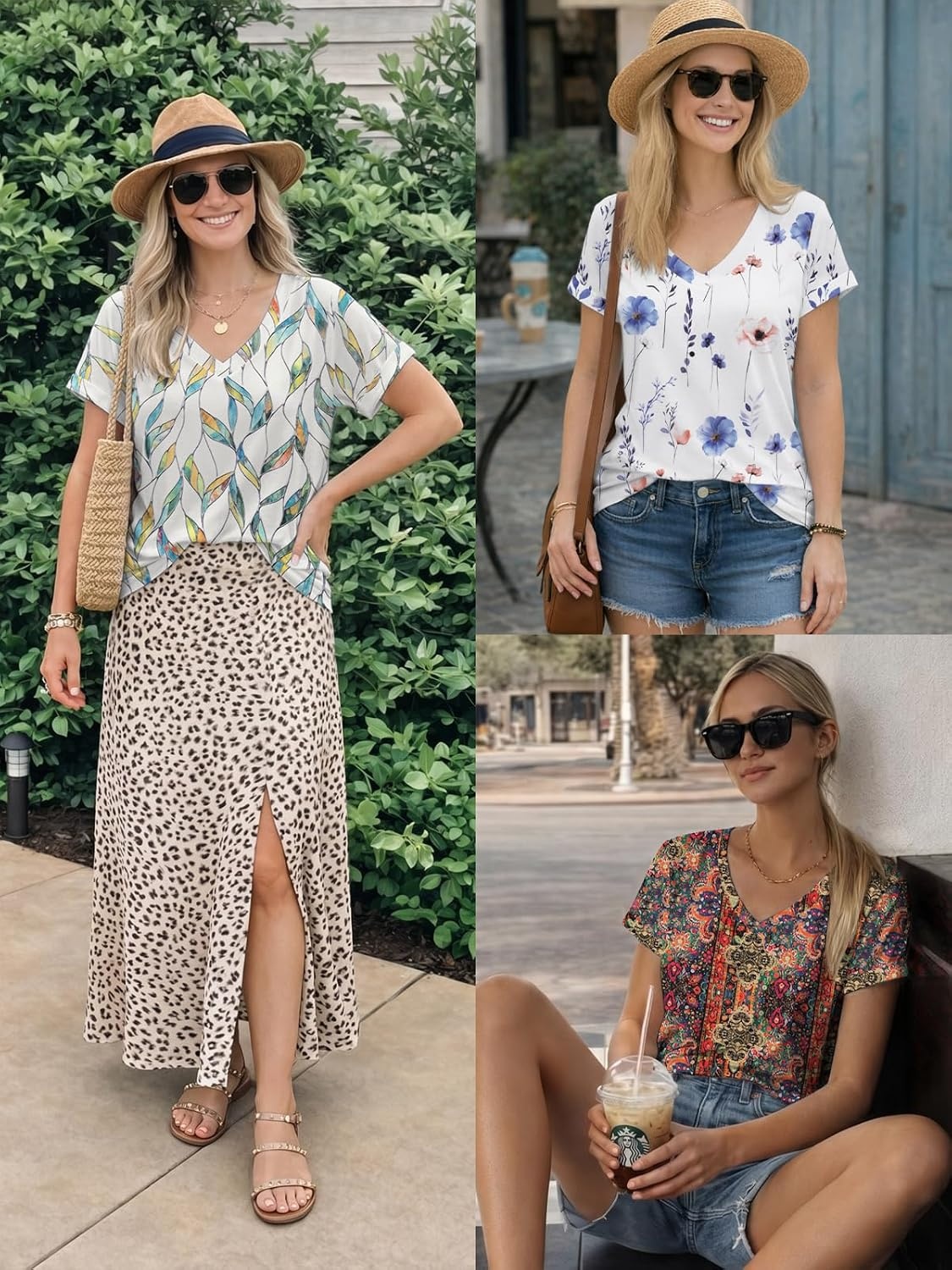 image:imageATHMILE T Womens Short Sleeve TShirts V Neck Summer Tops Basic TeesBlue Flower