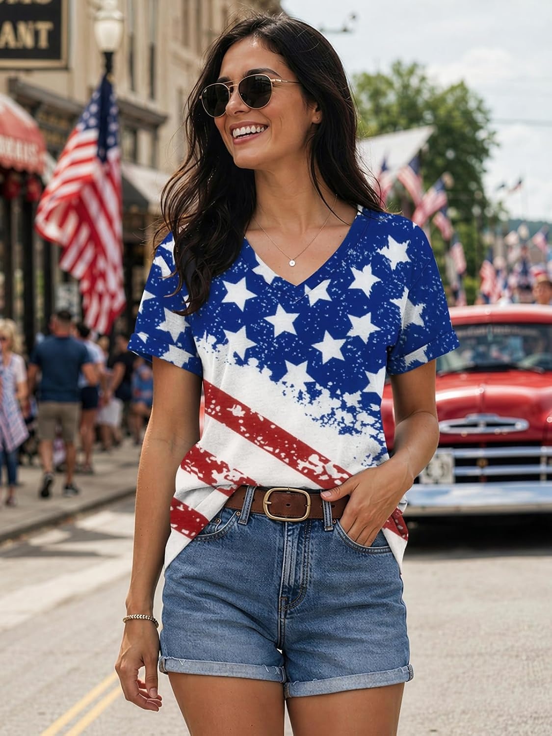 image:imageATHMILE T Womens Short Sleeve TShirts V Neck Summer Tops Basic TeesUsa Flag