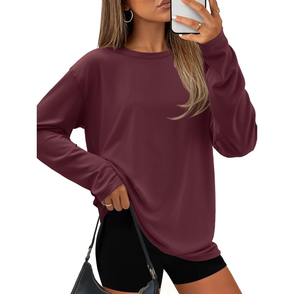image:imageATHMILE Oversized Long Sleeve Shirts for Women Casual TeeWine